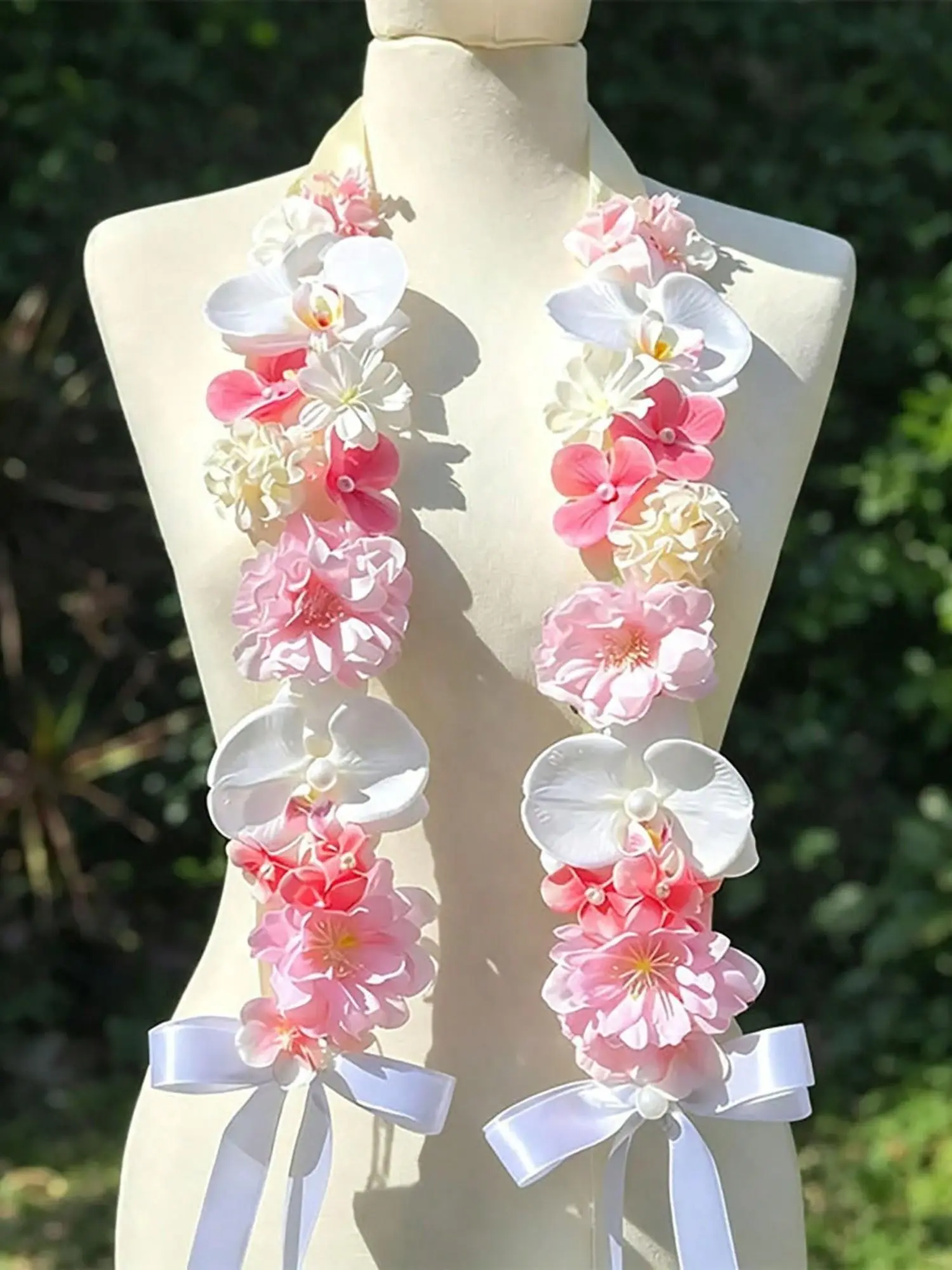 Faux Flower Hanging Neck Ceremony Lei, Hawaiian Tropical Orchid, Mixed Artificial Flowers, Wedding Party Photo Prop, Decorative Summer Vibe Accessory