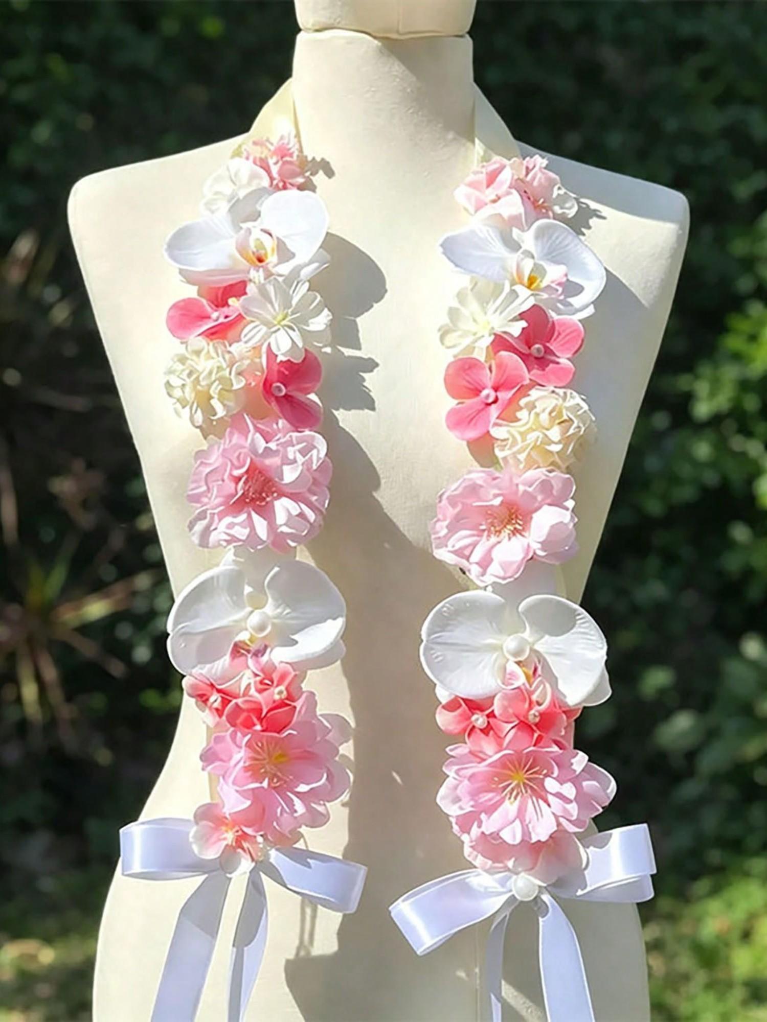 Faux Flower Hanging Neck Ceremony Lei, Hawaiian Tropical Orchid, Mixed Artificial Flowers, Wedding Party Photo Prop, Decorative Summer Vibe Accessory