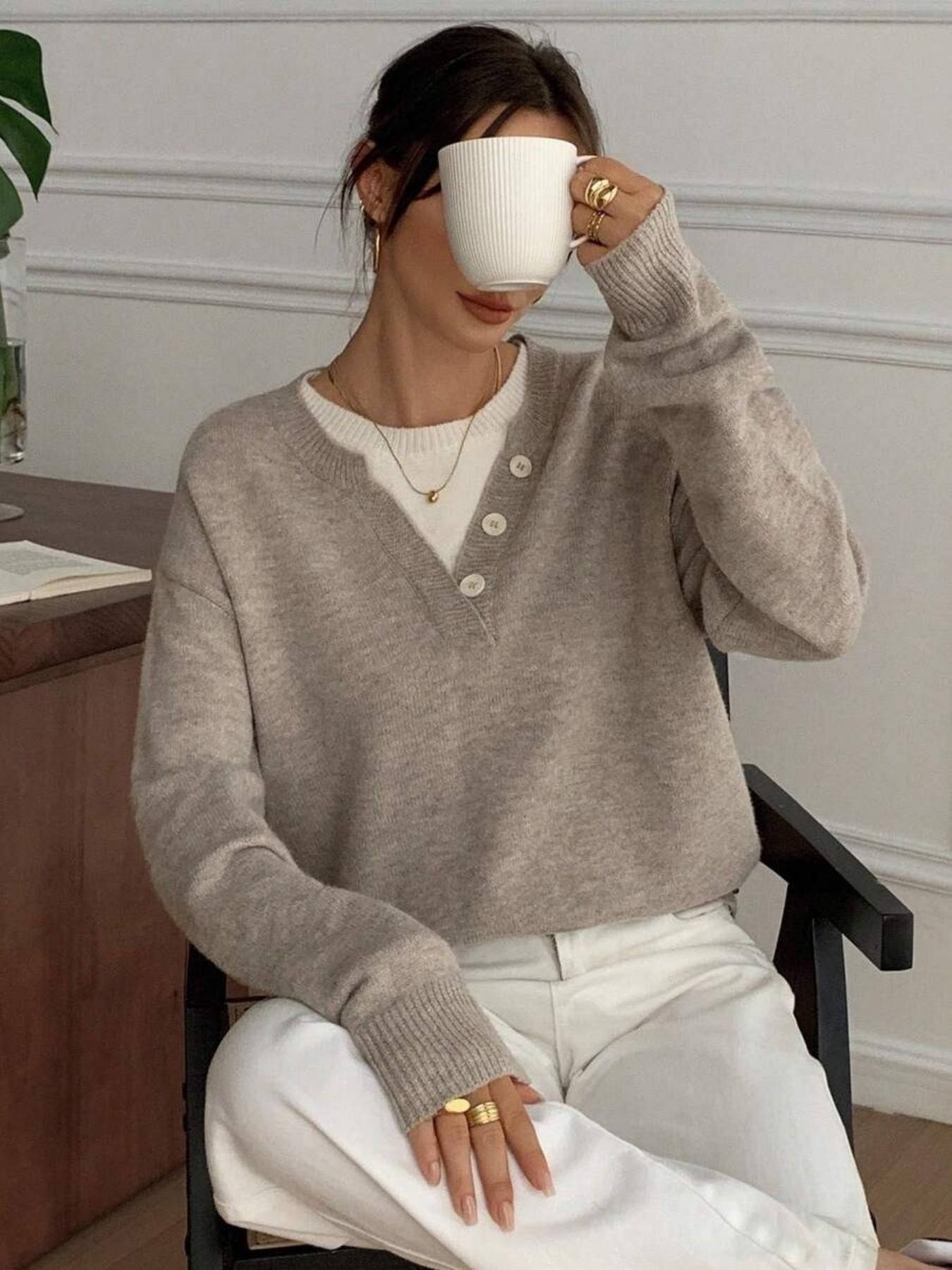 Women's Henley Neck Button Front Color Block Long Sleeve Vintage Chic Pullover Sweater, Knitwear, Knitting, Autumn Winter Casual Loose Fit 2 In 1 Sweater Top For Fall, Fashion Soft Daily Work Street Cute Daily Knitted Top for Women Collared Knit Top