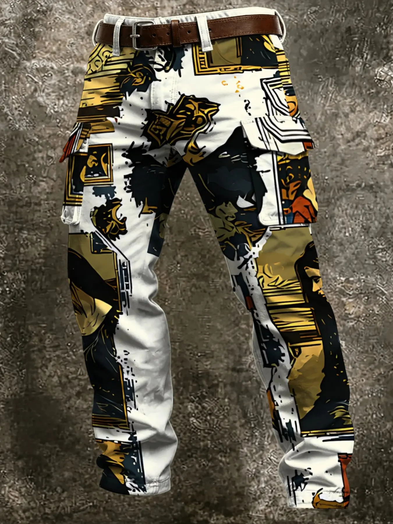 Artistic Portrait Frame Splatter Functional Workwear Pants, Vintage Character Prints, Ankle-Length Casual Long Pants for Fall & Winter
