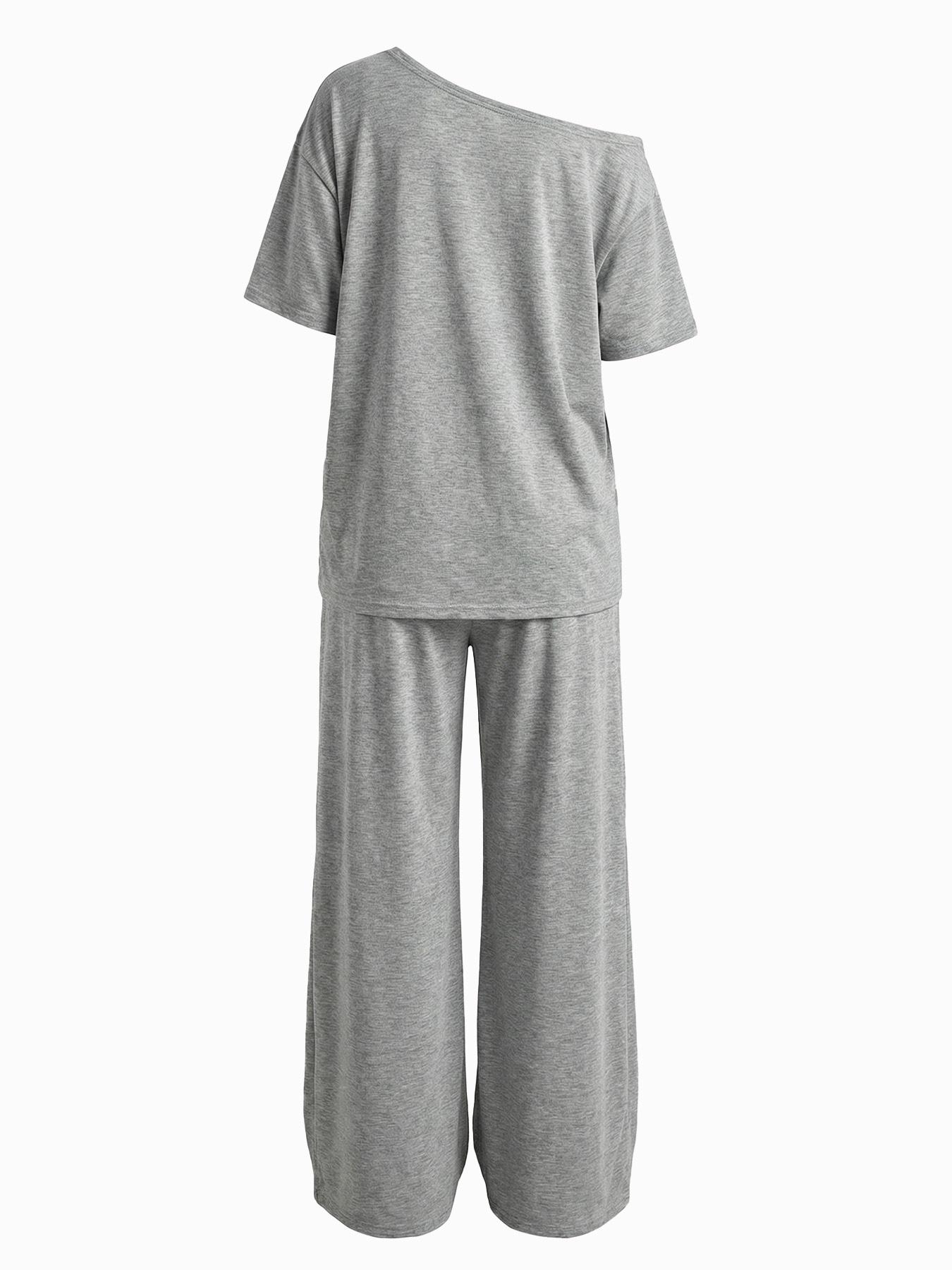 2pcs/Set Women's Minimalist Basic Daily Wear Going Out Sport Comfortable Off Shoulder T-Shirt And Wide Leg Pants Two Pieces Outfits