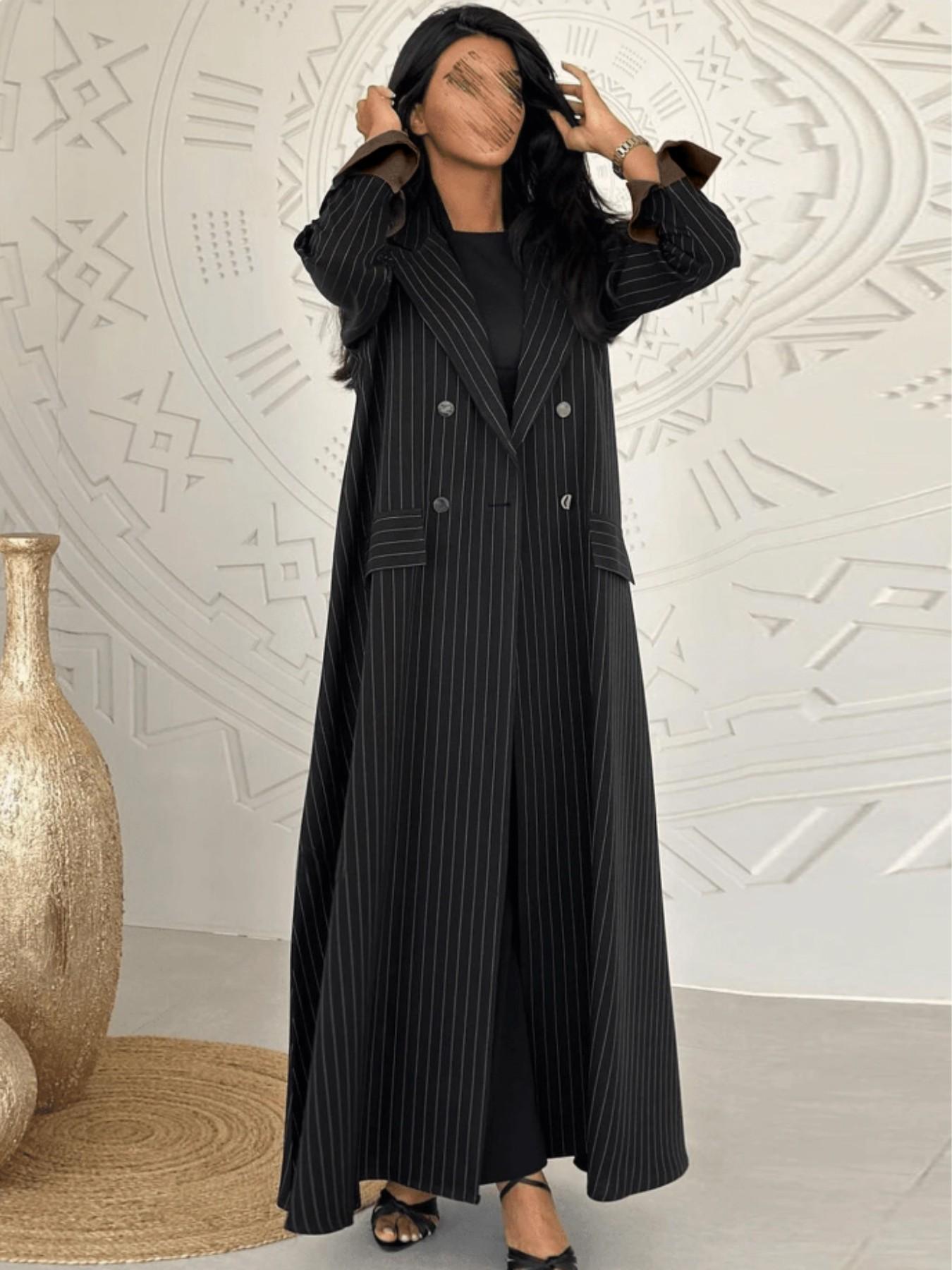 Abaya Striped Patchwork Double Button Pocket Long Coat, Stylish Suit Jacket, Elegant Outerwear for Women, Fashionable Windbreaker, Stripe Pattern Jacket