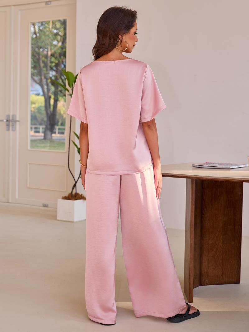 Joyfunear Women's Satin Silk Casual Summer Set Short Sleeve Hoodie with Loose Straight Pants Set Soft and Comfortable Home Clothes