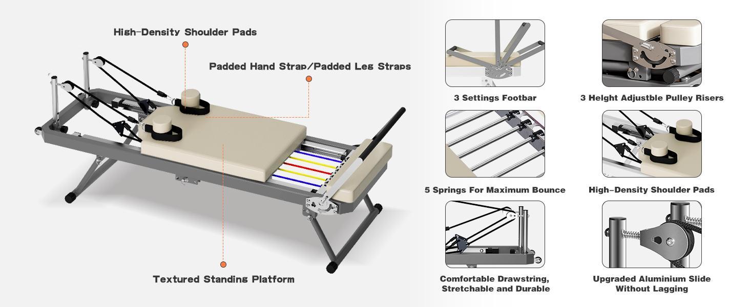 Foldable Pilates Reformer 330.5lb Capacity Resistance Cords & Eco-Silicone Leather Space-Saving Home Studio Equipment for Full Body Workout Premium Elastic Band
