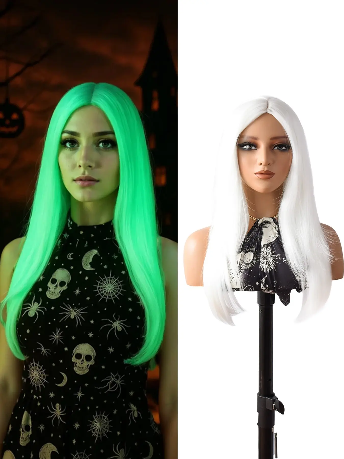 22 Inch Glow-In-The-Dark Neon Long Straight White Wig, Synthetic Hair for Halloween Cosplay, All Seasons Use, Synthetic Material Wig