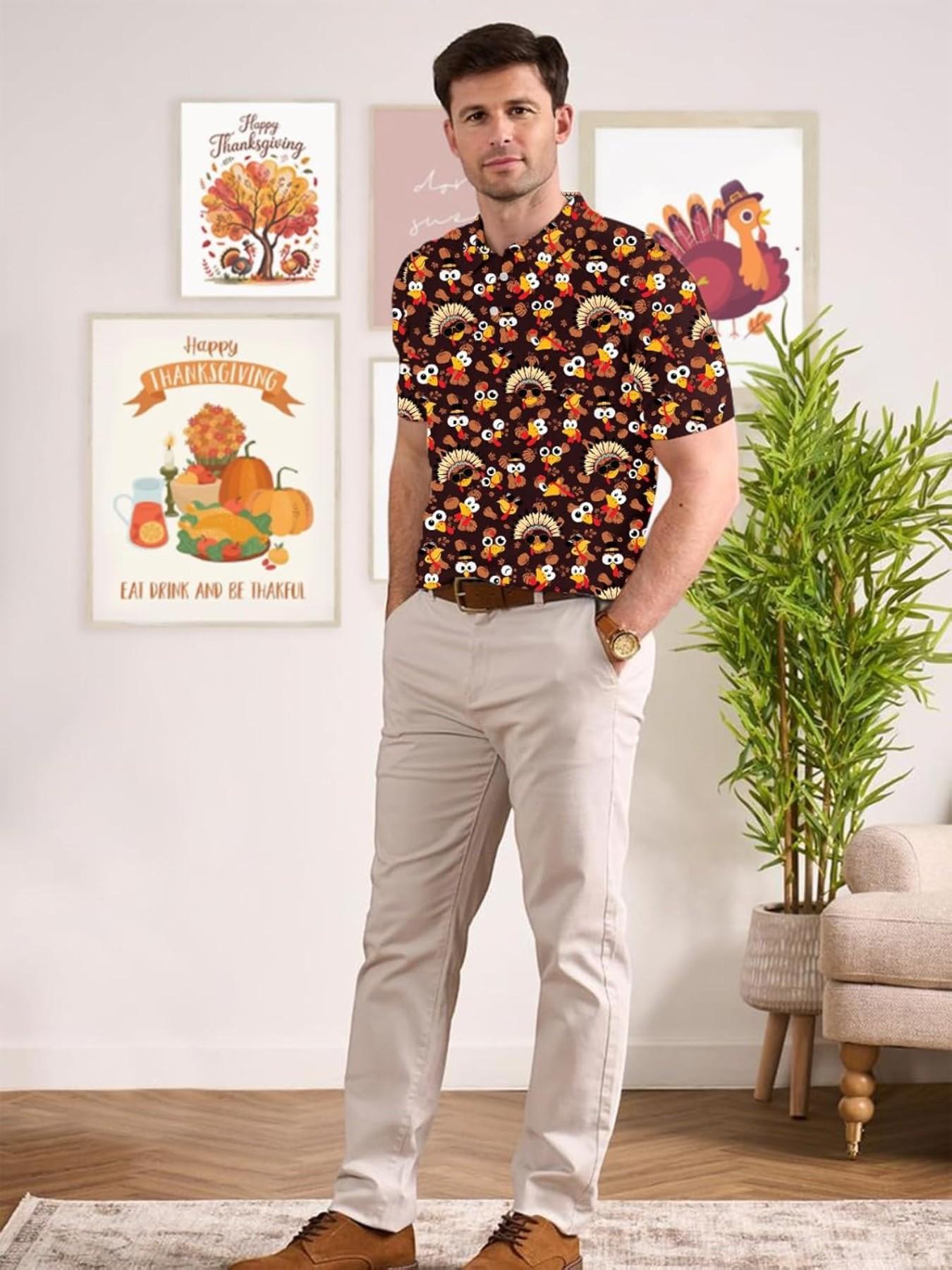 Men's Thanksgiving Theme Polo Shirt, Cartoon Turkey Pumpkin Pattern, Turn-Down Collar Three Button Short Sleeve, Breathable Festival Golf Top，Unisex (Recommended ordering one size up),polo shirt for men,deals of the day