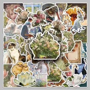50pcs retro oil painting creative cartoon personality decorative stickers diy handbook luggage office table trend stickers