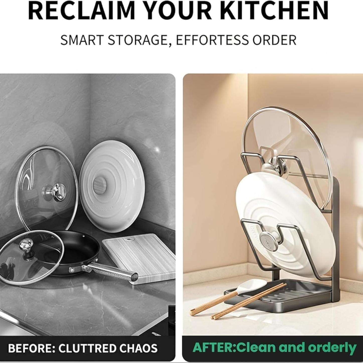 Kitchen Pot Lid Storage Rack, 2026 Upgraded Multi-Functional Pot Lid Organizer, Cooking Lid Holder with Detachable Drip Tray