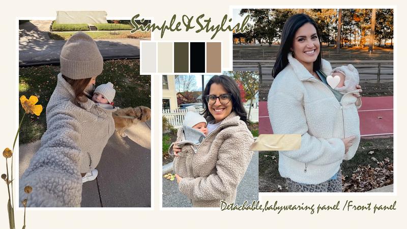 Pwest MAMA Women Before & After Babywearing Fleece Jacket Soft Teddy Fleece, Long-sleeve Zippered Jacket with Pocket, Detachable Babywearing Panel, Winter Warmth, 2 in 1 Design-Cream-BlackFriday