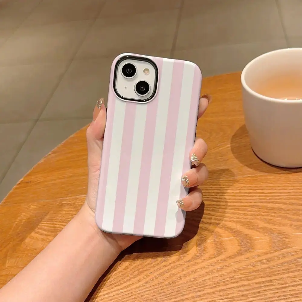 Blush Pink Vertical Stripe - Vintage Fantasy Pattern Premium 2-in-1 Glossy Film Phone Case Compatible with IPhone 17 Air E 16 15 14 13 12 11 Pro Max Plus Samsung Galaxy S24 Plus S25 S22+ Ultra FE Edge Shockproof Anti-Scratch TPU Protective Cover, Protecti