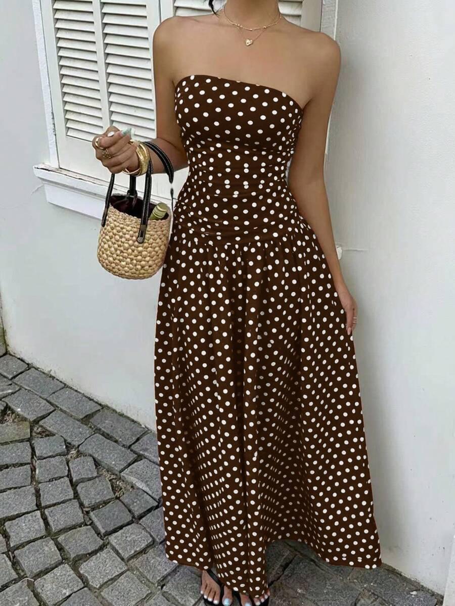 Women's Polka Dot Waist-Cropped Crop Top Dress, Vacation Style, Long Sun Dress, Casual Summer Midi Dress, Elegant Design