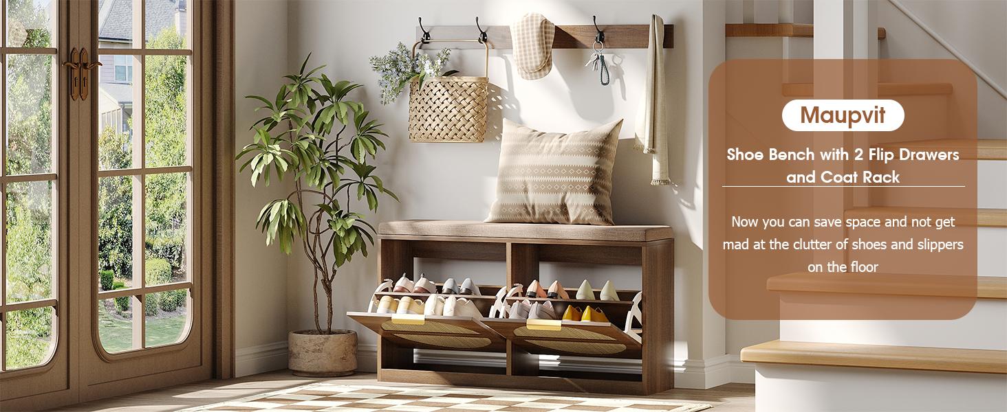 Vabches Rattan Entryway Bench with Seat Cushion & Coat Rack, Shoe Storage Cabinet with 2 Flip Drawers, Narrow Shoe Rack, 5 Sturdy Metal Hooks, Rustic Oak Rattan