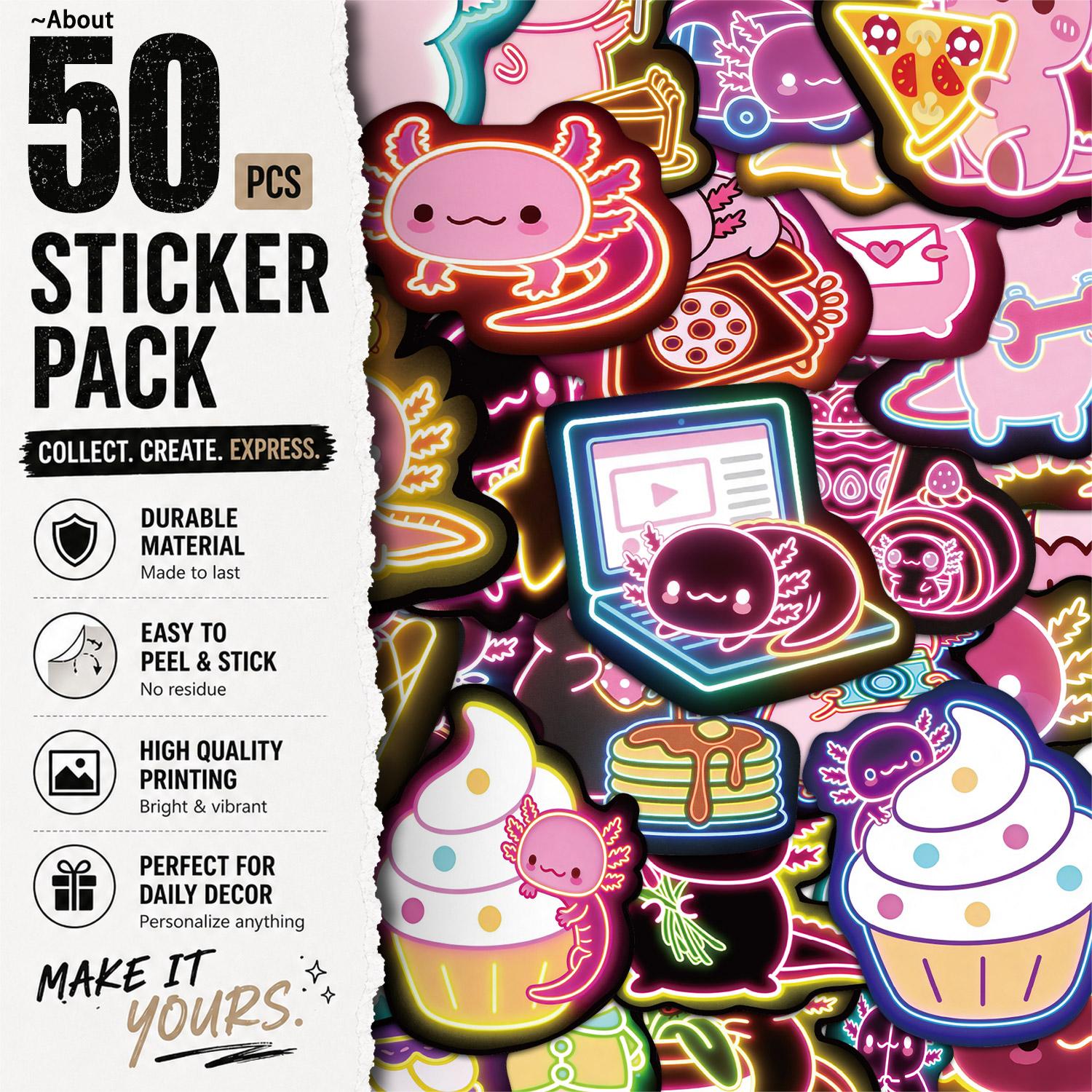 50pcs*5packs Neon Axolotl Aesthetic Vinyl Stickers Pack for Laptop Water Bottle Phone Case Skateboard Journal Scrapbook DIY Decoration