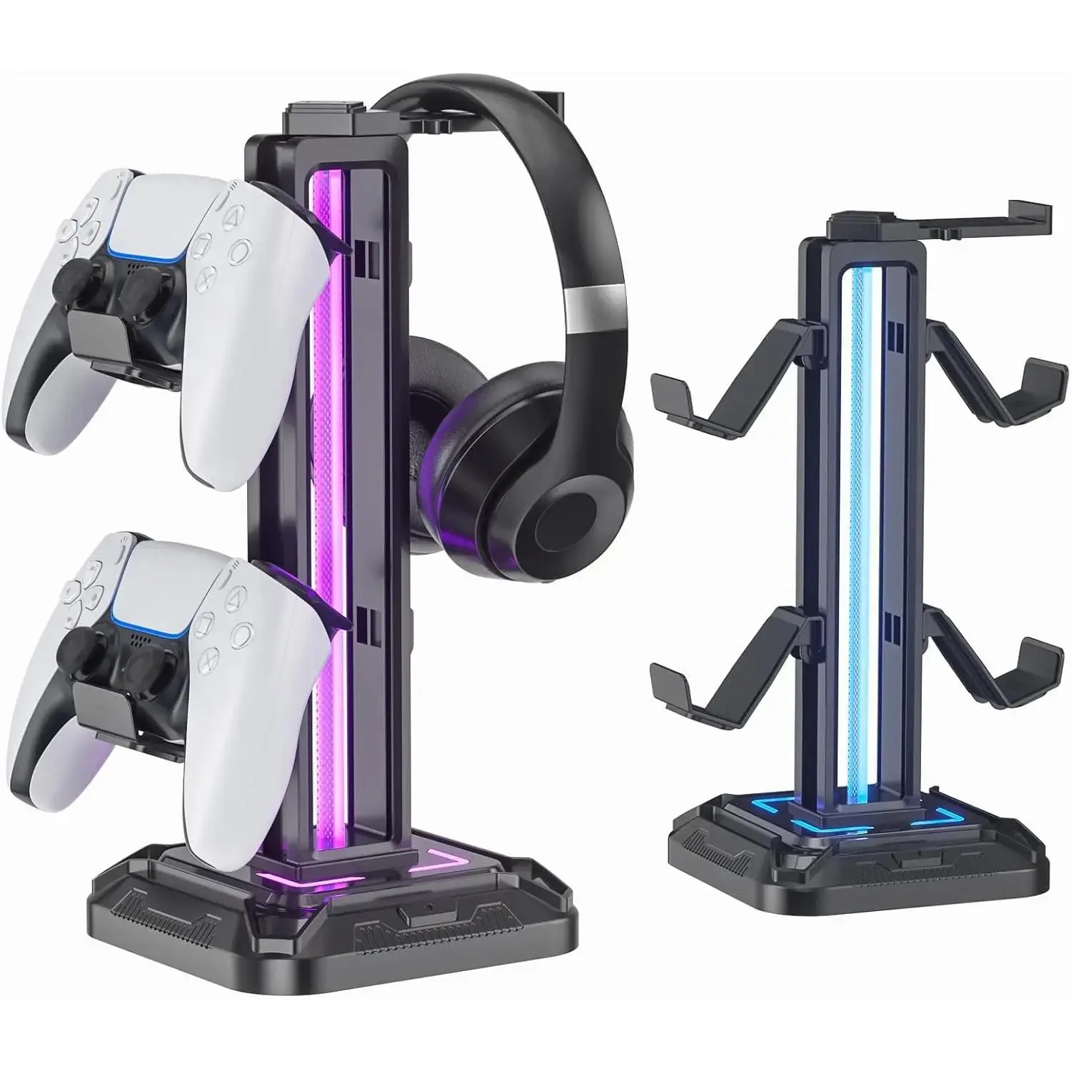 Black Gaming RGB Headset Stand with Accessories - 9 Light Modes, 59in, Adjustable Swivel Rotatable, Detachable Controller Hook, Anti-Slip Pads, Headphone Cable Organizer, Desk Setup Holder for Gamers’ PC Earphones & Controllers, Controller Holder
