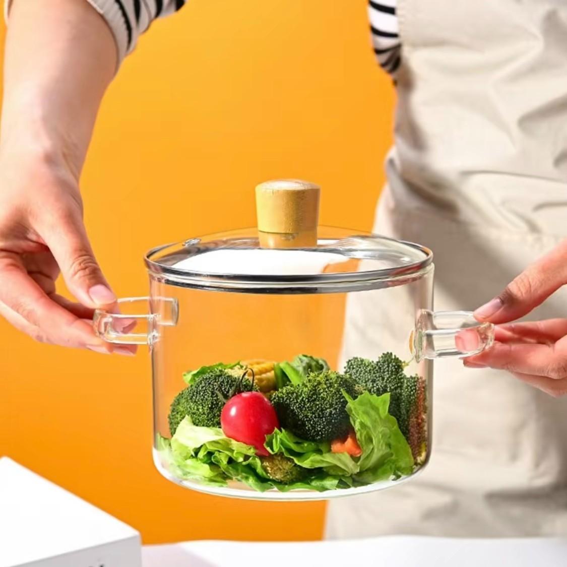 High Borosilicate Glass Cookware Steam Pot Set with Lid & Easy Grip Handle, Food Grade Non Toxic Lead Free BPA Free Multiuse Durable Kitchenware, Stovetop & Dishwasher Safe for Stew Soup Pasta Baby Food Home Kitchen Daily Use