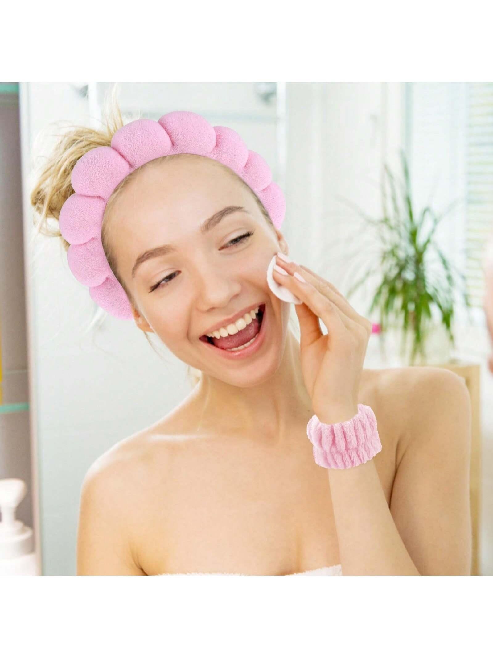 1 Face Washing Headband, 2 Face Washing Wrist Straps, 3 Set Of Hydrotherapy Headbands, Makeup, Face Washing & Skincare Headbands, Pink Velvet Sponge Headbands, Soft Headband