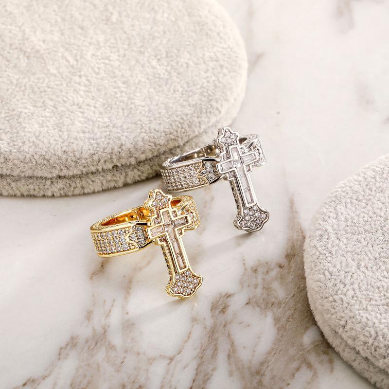 (CR004N) Vintage Crest Cross Ring 5A CZ Hand-Set Antique Finish Unisex Heritage Gift Statement Jewelry for Men & Women