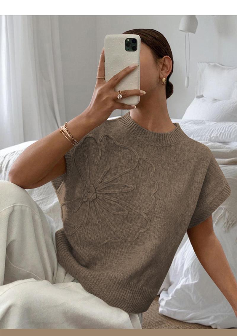 Women's Plain Flower Jacquard Semi-sheer Cable Knit Top, Casual Sleeveless V Neck Knitwear for Daily Wear, Ladies Clothes for All Seasons