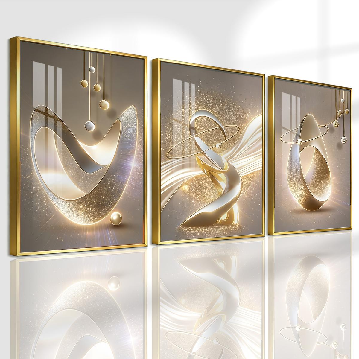 3 Counts Aluminum Alloy Framed Painting, Golden Abstract Sculpture Art Pictures, Home Decoration For Living Room, Bedroom, Office, Restaurant, Hallway Wall Decor, Odorless Print Artwork, Luxury Perfect Gift For Friends And Family