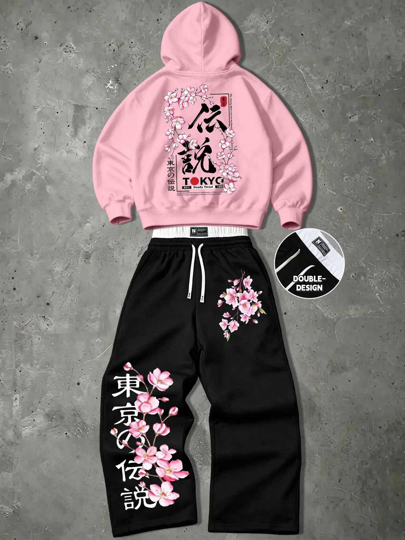 Men's Tokyo Legend Cherry Blossom Set, Fall Winter Fleece Hoodie + Wide Leg Pants, Street Hip Hop Loose Fit, Youth Fashion