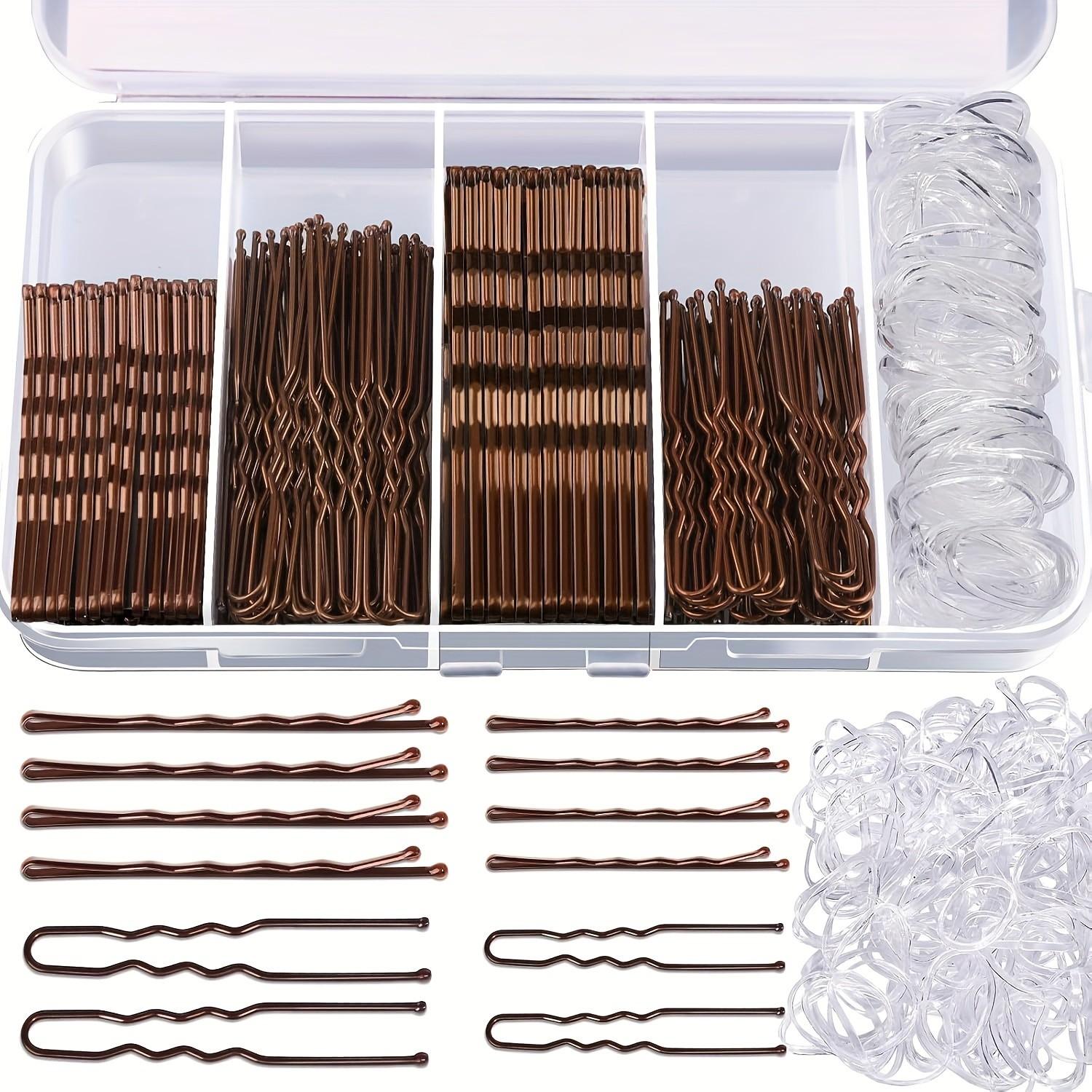 300 Piece Hair Clip Set with Box, Includes 100 Women's Clips, 100 Transparent Bands, 100 Metal U-Shaped Pins, Ideal for Braids and Thick Hair