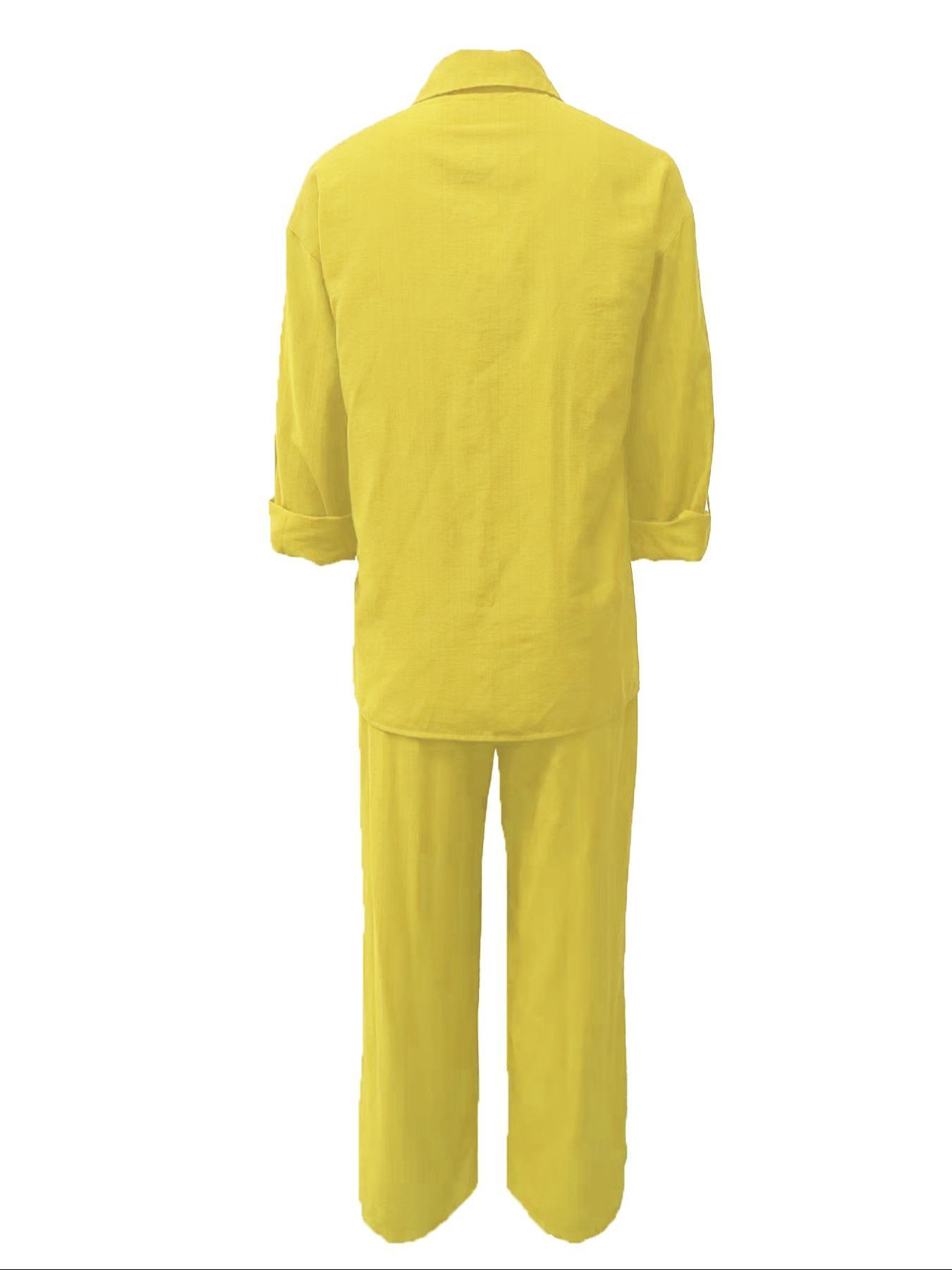 Spring Summer Fall Polo Neck Casual Cardigan Set, Slimming Pure Color Elegant Shirt Top, Vacation Commute Comfort Soft Fabric Pants Two-Piece Suit