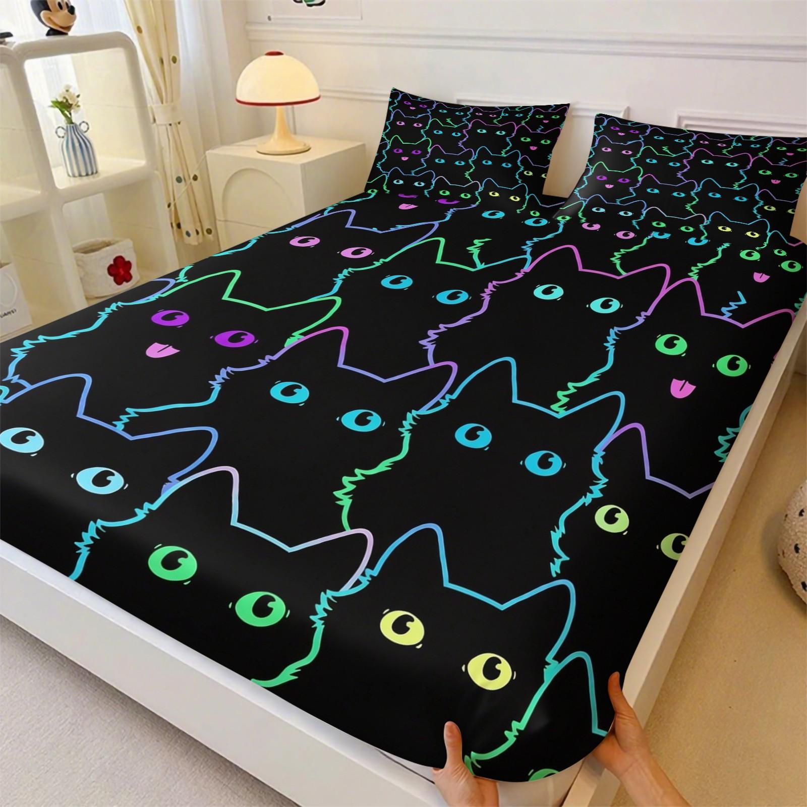 Neon Cat Fitted Sheet Set, 3 Pieces (1 Fitted Sheet + 2 Pillowcases), Deep Pocket, Cute Colorful Cat Print, Black Bedding for Girls Teens, Soft Skin-Friendly, Aesthetic Room Decor, All Seasons