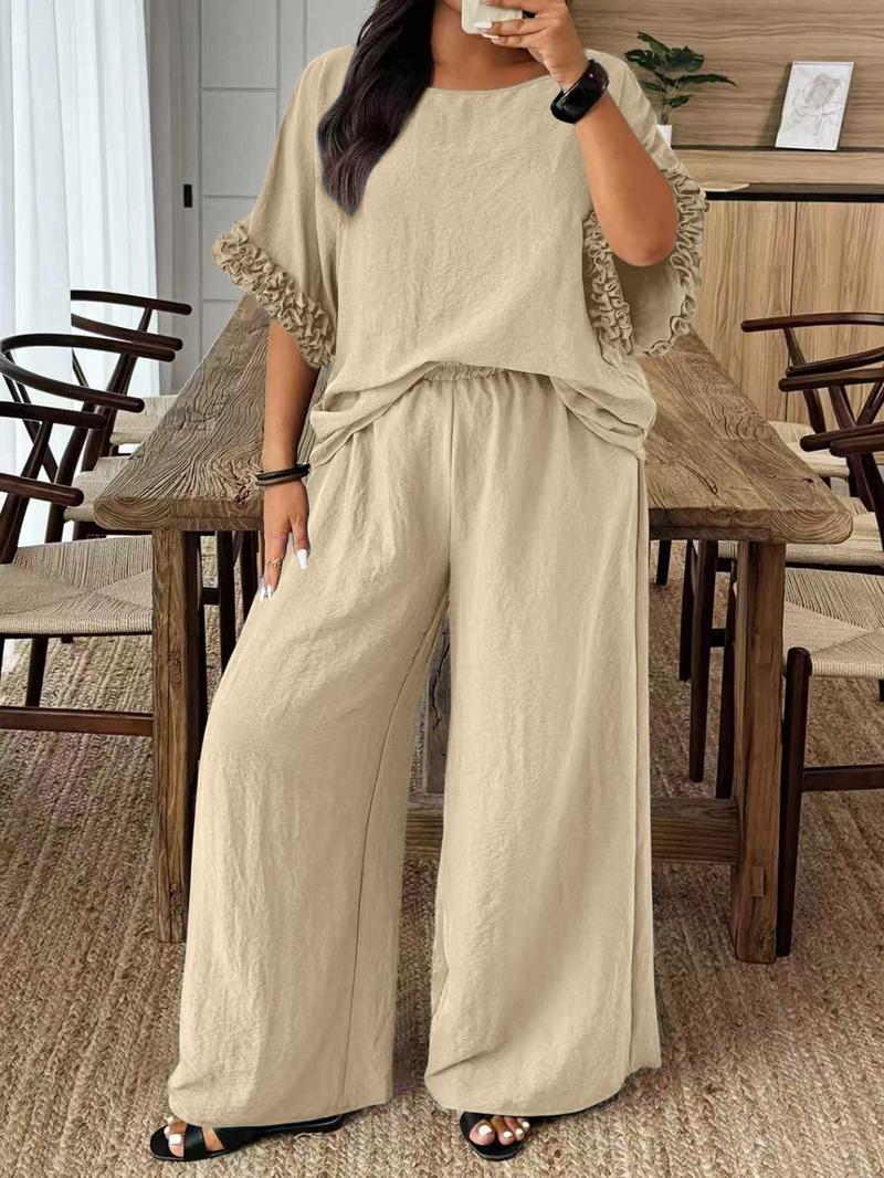 Plus Size Solid Color Round Neck Batwing Sleeve Shirt and Wide Leg Pants Casual Two-Piece Set, Comfortable and Stylish