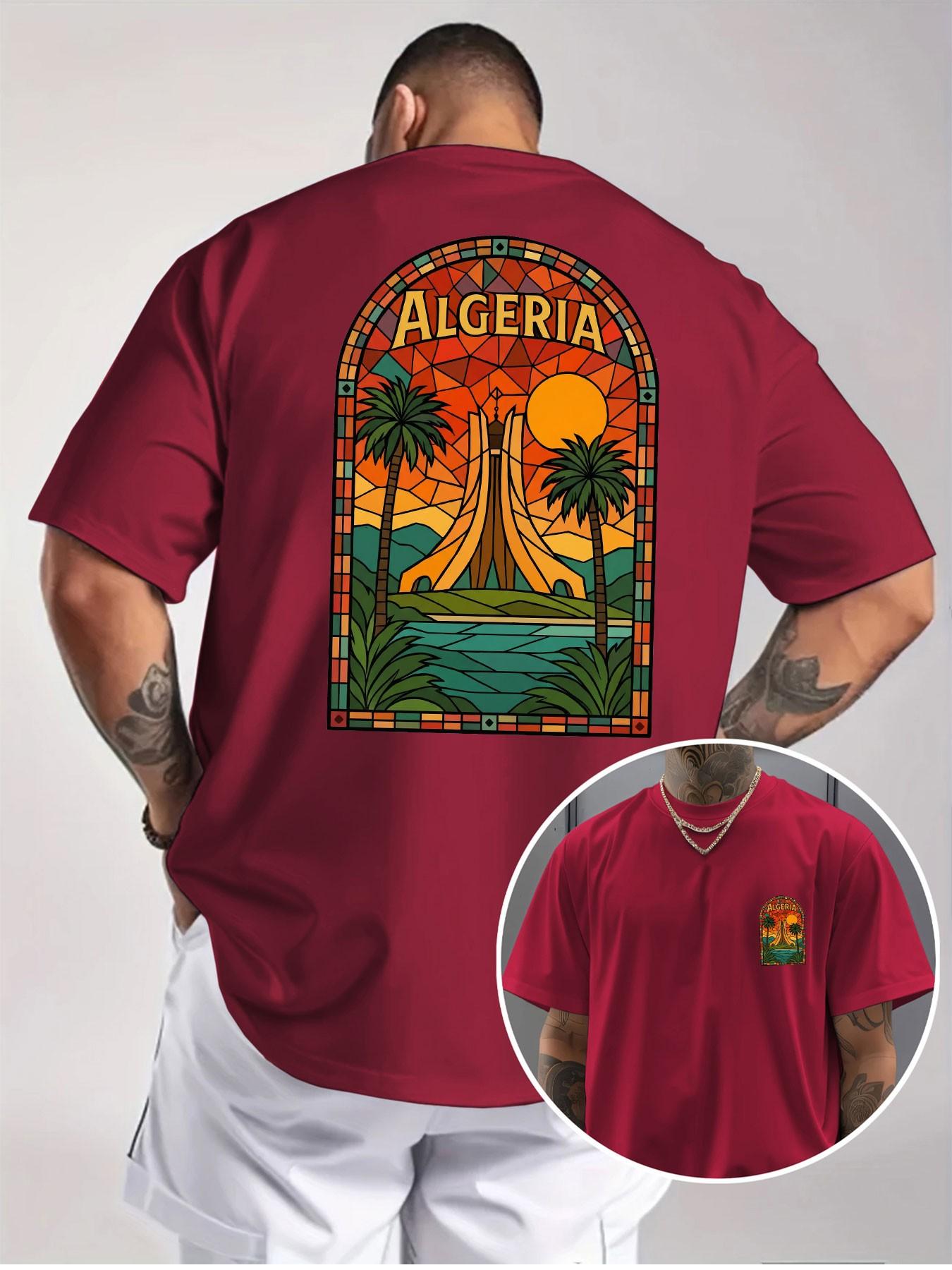 Algeria Landmark Print T-Shirt, Colorful Glass Art Style, Unisex Oversized Half Sleeve, North African Vacation Casual Tee, Cultural Souvenir