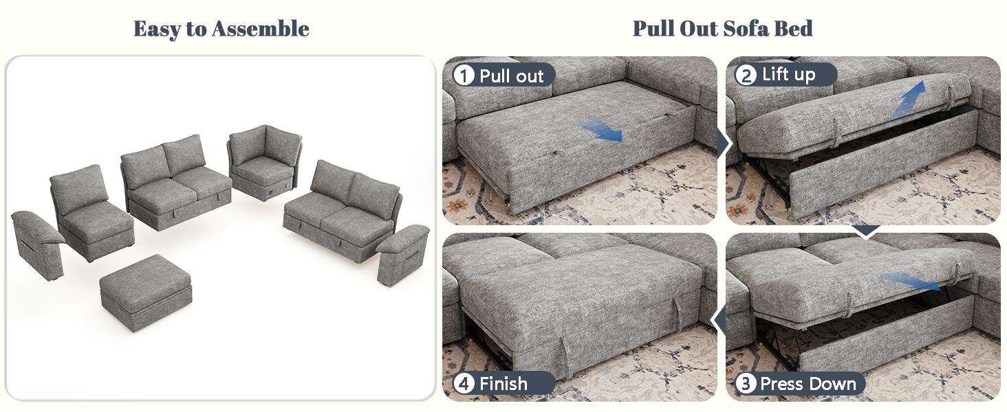 【4-5 Packages】108 Inch Sectional Sleeper Sofa with Pull Out Bed, U Shaped 5/7 Seat Modular Sectional Sofa with Storage, Sectional Couches for Living Room, Cloud Modular Couch, Removable Sofa Cover#daybed