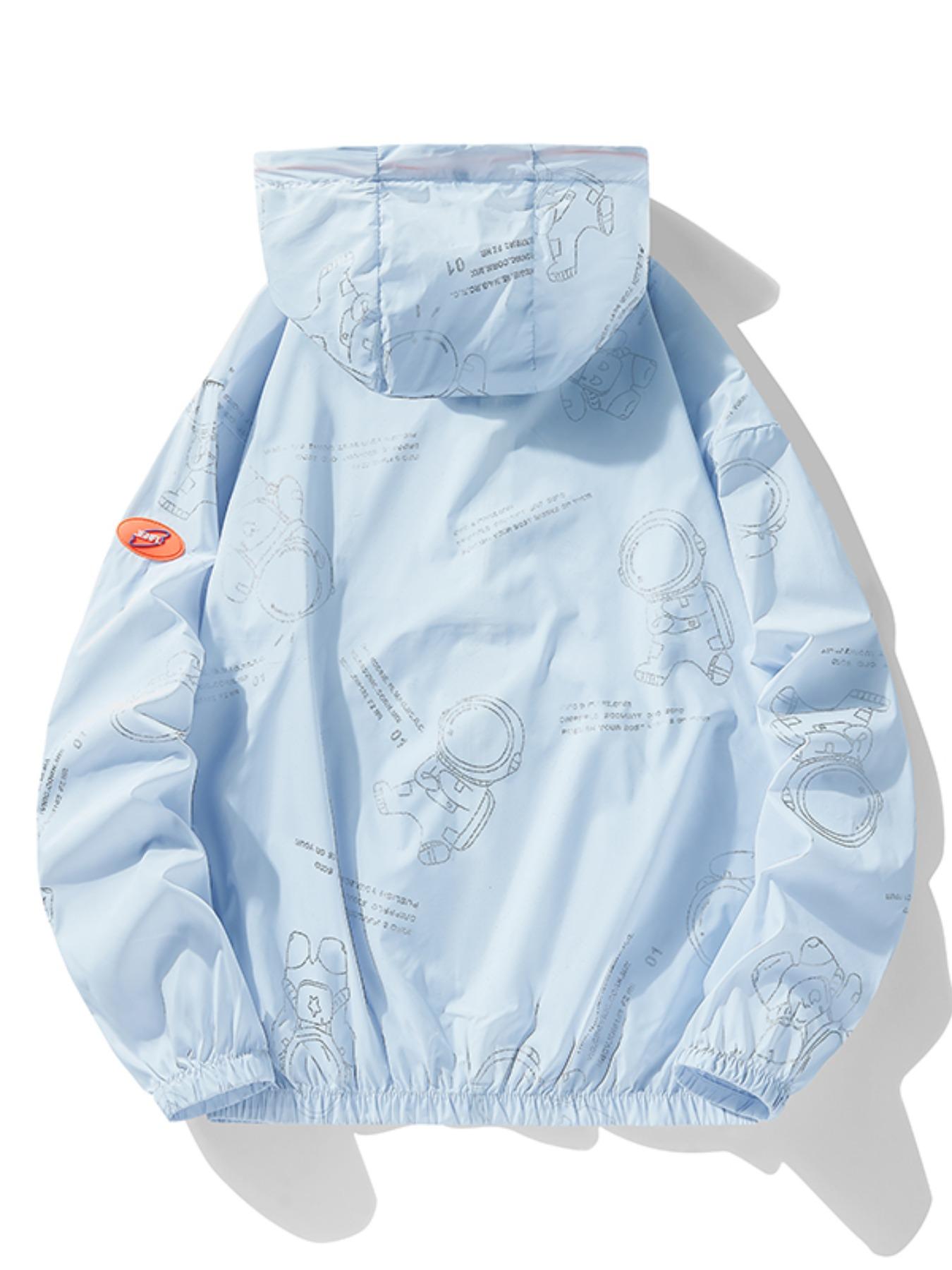 Men's Astronaut Print Drawstring Zipper Hooded Jacket, Casual Regular Fit Patched Pocket Outerwear for Spring & Fall, Fall Outfits, Men's Clothing, Jackets for Men, Men's Clothing for Daily Wear