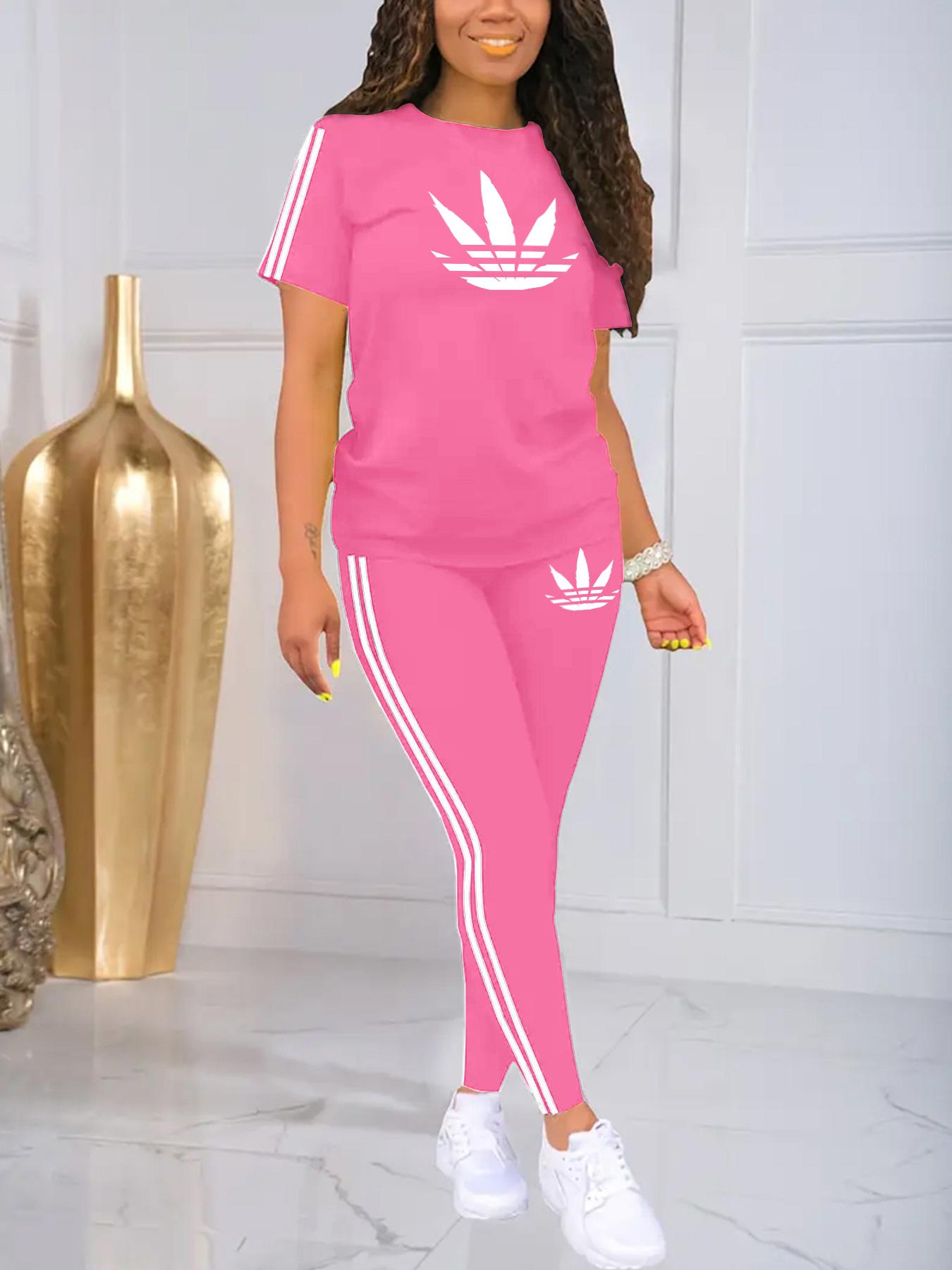 Women's Printed Casual Sporty Round Neck Drawstring Short Sleeve and Long Pants Two-Piece Set, Fitted Letter Pattern, Summer, Athleisure Wear Set