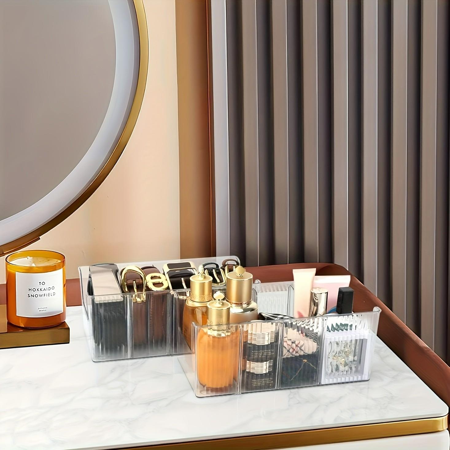 High Capacity Transparent Plastic Belt Organizer Box, 4 Compartments with Removable Dividers, Desktop Makeup Storage Shelf