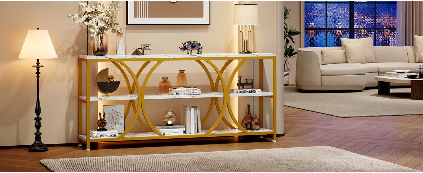 【SPOTLIGHT DAY】ONBRILL 70.8 inch Extra Long Entryway Table,Narrow Sofa Table Behind Couch with 3 Tier Storage Shelves for Hallway, Living Room,Console Table with Gold Frame & Faux Marble Tabletop