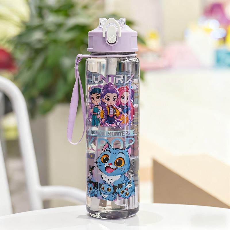 K-Pop Ghost Hunter Theme Totem Water Bottle with Lid and Straw, Reusable Hard Plastic, 700ML Eco-Friendly, Perfect for School, Travel, Halloween Party