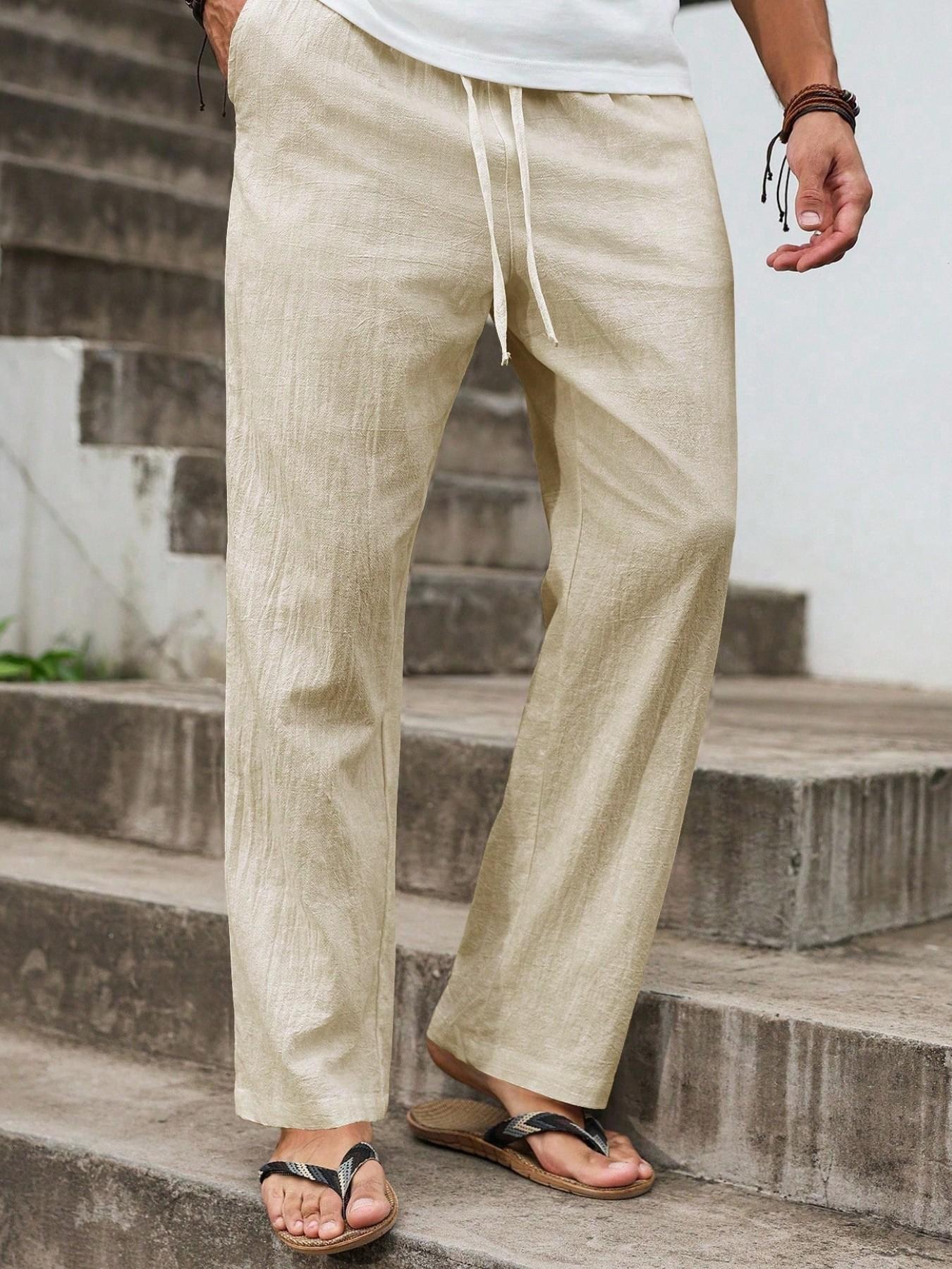 Men's Casual Loose Baggy Lightweight Linen Pants Solid Color Loose Fit Elastic Drawstring Waist Straight Legs Bottoms Summer Breathable and Soft Yoga Beach Long Pants with Pockets Wedding Partise Vacation Daily Going Out Dating Club Lounge Wear