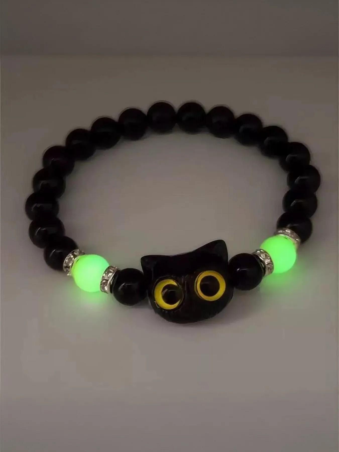 Cute Cat Charm Glow in the Dark Beaded Bracelets, Trendy Animal Pattern Jewelry, Casual All-Season Accessory for Women & Men