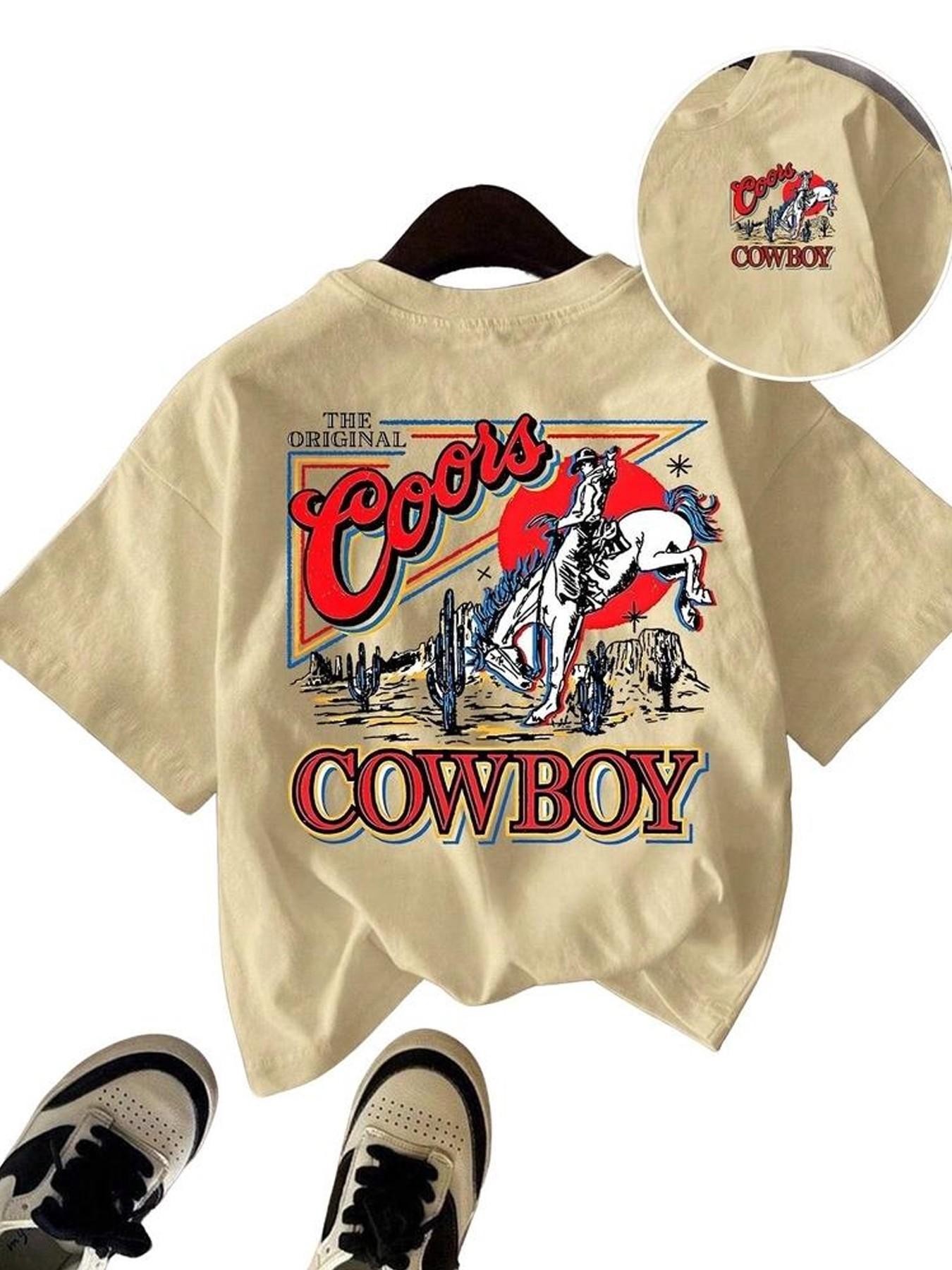 Coors Western Cowboy Retro Print Cotton Short Sleeve T-Shirt, 2026 Summer American Vintage Oversize Unisex, Front and Back Dual Print Top