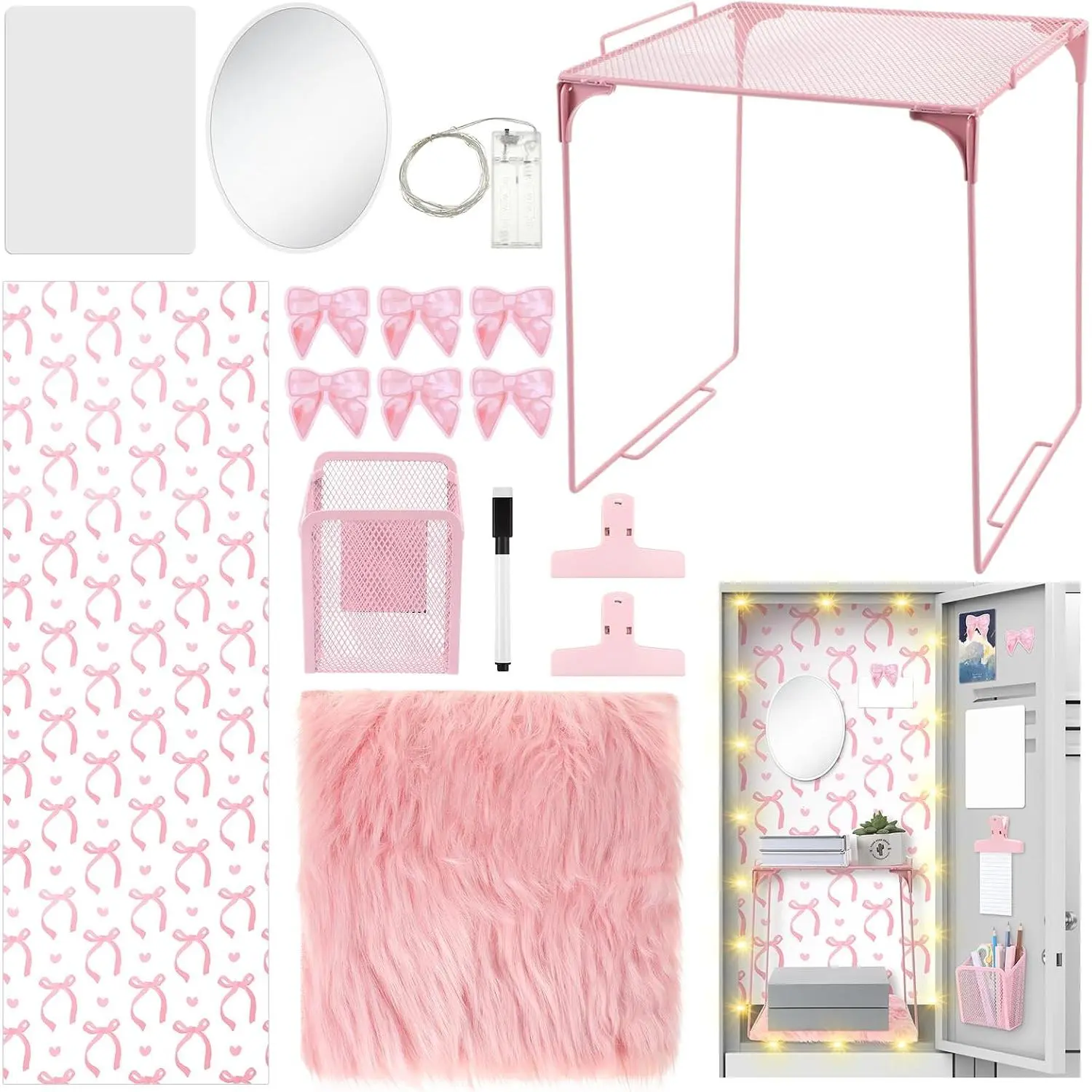 16 count  Bow Locker Accessories Kit with  Mirror, Shelf, Bow Wallpaper, Whiteboard, Dry Erase Marker,  Clips Pen Holder, Carpet, Cute Locker Organizer Decorations for Women