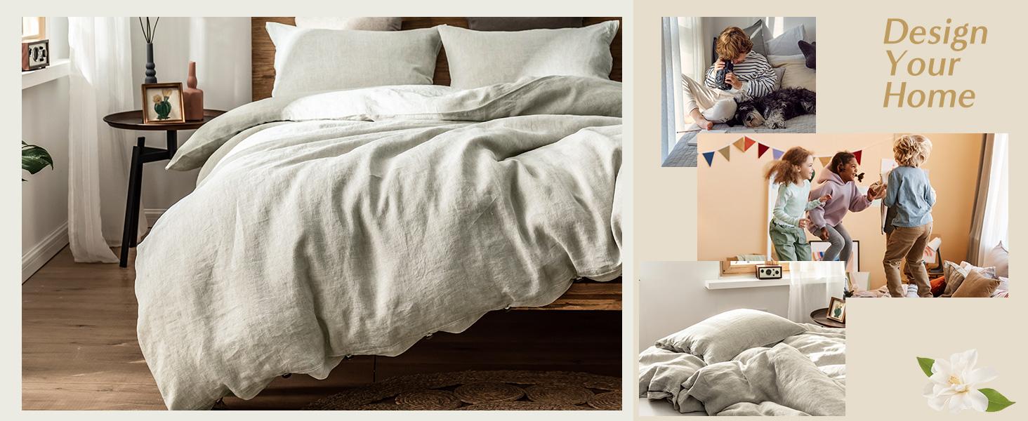 Simple&Opulence 100% Linen Duvet Cover Set, Belgian Flax Breathable Bedding, Comforter Cover+ Pillowsham with Coconut Button Closure