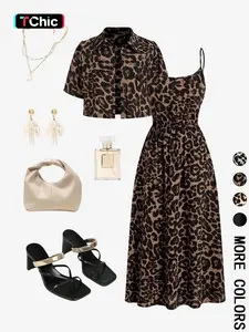 Women's Leopard Print Two-Piece Set, Adjustable Spaghetti Strap Gathered Waist Midi Dress, Turn-Down Collar Short Sleeve Cropped Shirt, Daily Casual Vacation Date Street Wear