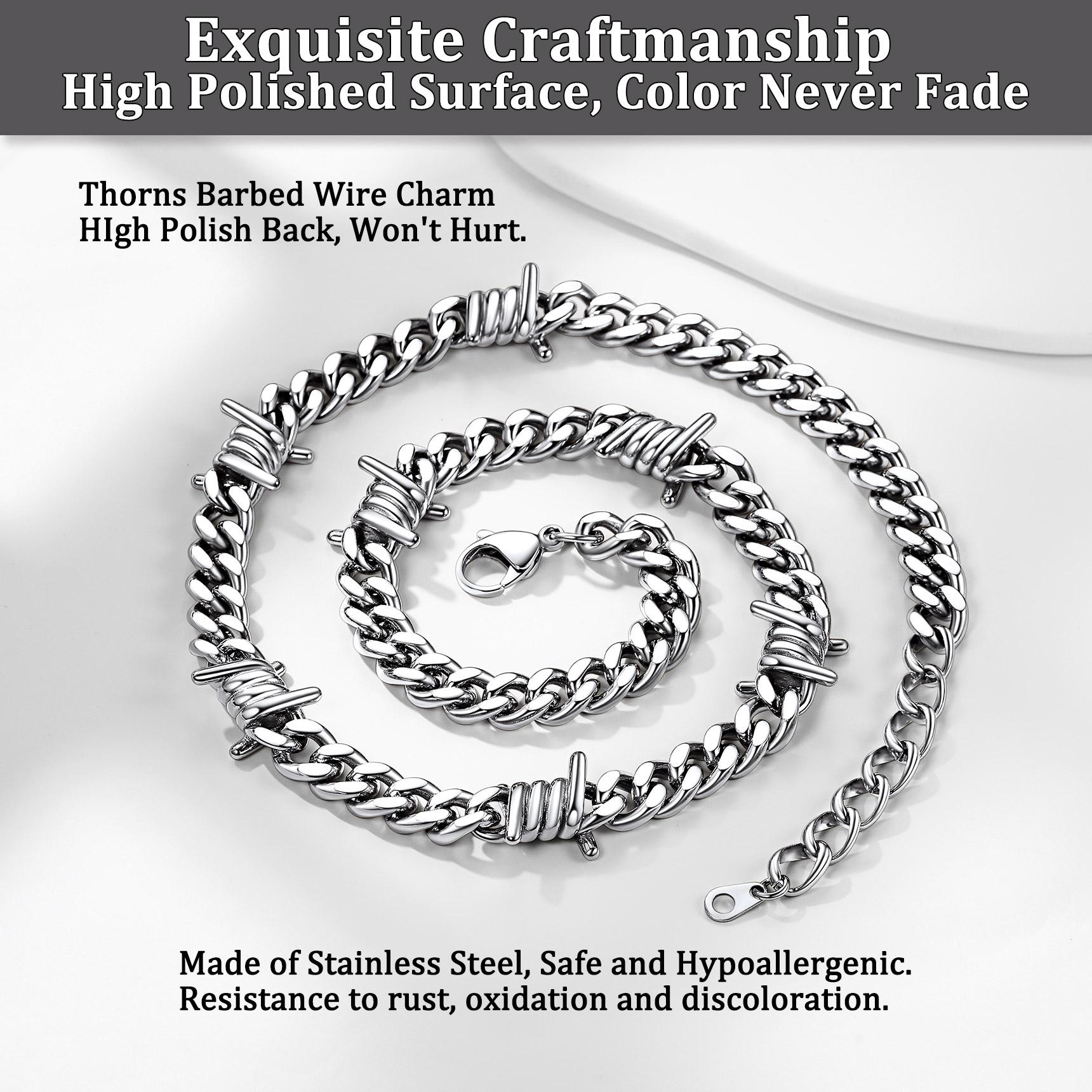 FaithHeart Cuban Link Chain Heavy Thick Barbed Wire Thorns Necklace Stainless Steel