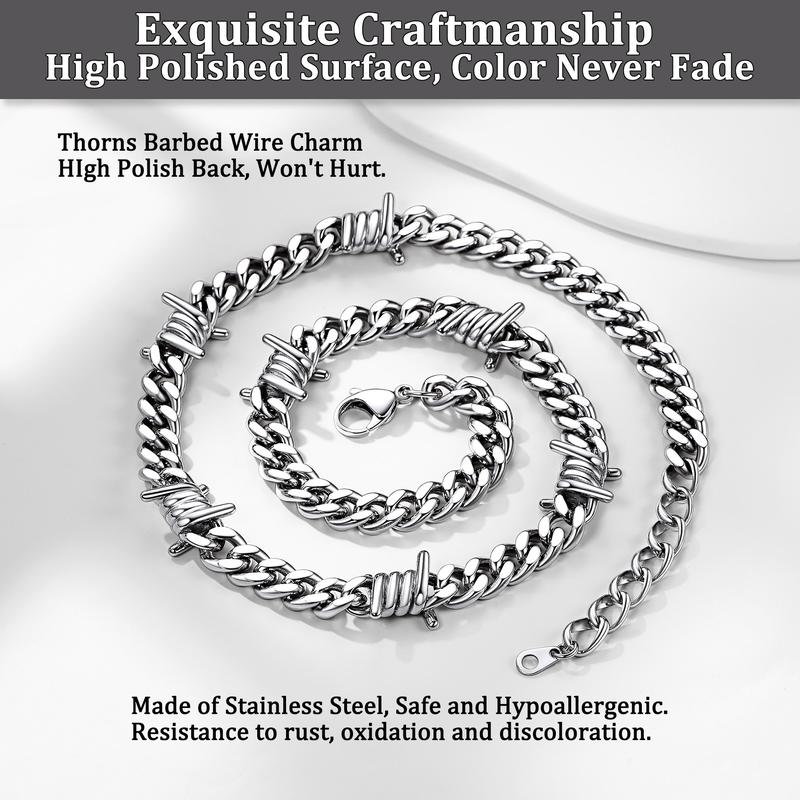 FaithHeart Cuban Link Chain Heavy Thick Barbed Wire Thorns Necklace Stainless Steel