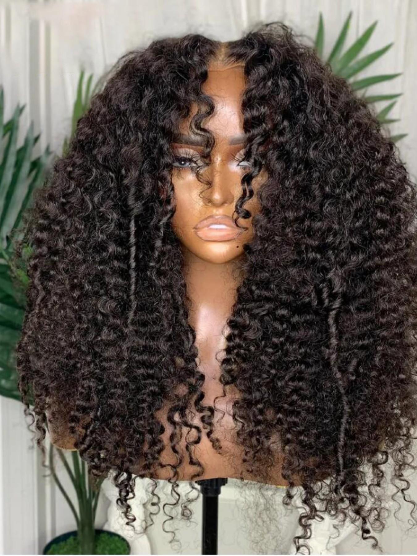 Soft Long 26-Inch 180 Density Natural Black Kinky Curly Lace Front Wig, Glueless Pre-Plucked Synthetic Heat Resistant Daily Wear Hairpiece Kinky Curly Wigs Lace Frontal Wigs