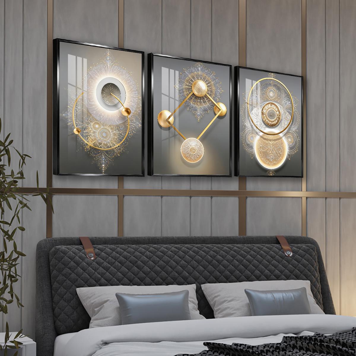 3 Counts Aluminum Alloy Framed Painting, Golden Abstract Geometry Light Art, Home Decoration For Living Room, Bedroom, Office, Restaurant, Hallway Wall Decor, Odorless Print Artwork, Luxury Perfect Gift For Friends And Family