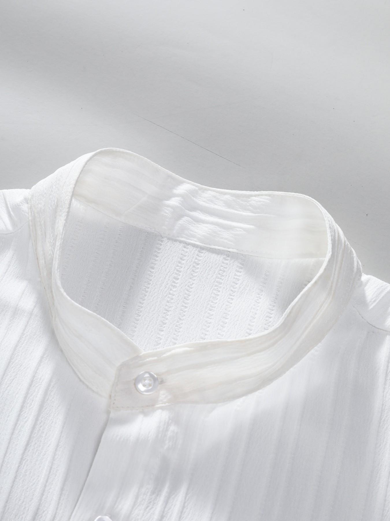 Men's Summer Solid Striped Casual Short Sleeve Stand Collar Menswear Shirt, Breathable Comfort Button-Up Top, Fashion Versatile Shirt for Daily Wear, Beach Vacation, Beachy Shirt