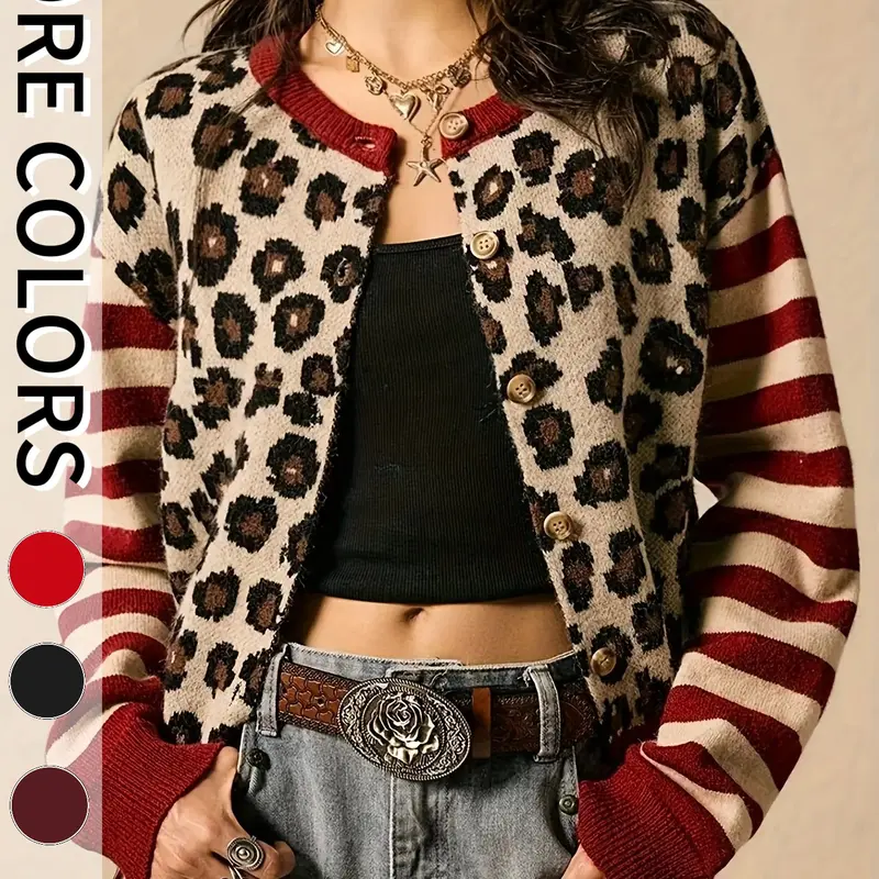 【Black Friday】Elegant Women's Leopard Print Knit Cardigan Sweater, Casual Round Neck Long Sleeve Top for Spring Summer Fall Winter