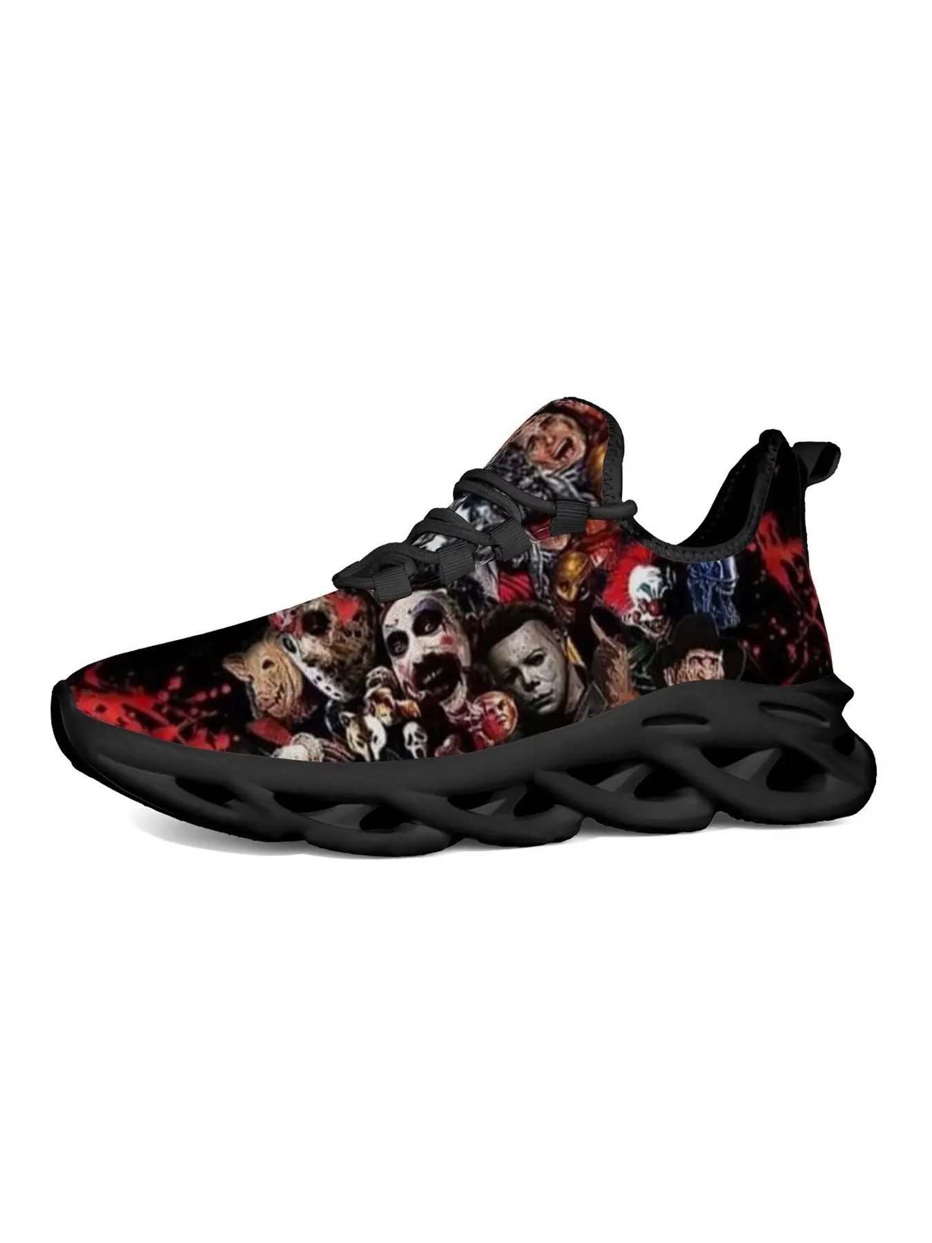 Halloween Thriller Portrait Collage Chunky Sneakers Men'S Lace Up Running Shoes Breathable Mesh Hollow Cutout Sole Walking Footwear Scary Masked Figures & Bloody Texture Gothic Streetwear Sports Shoes