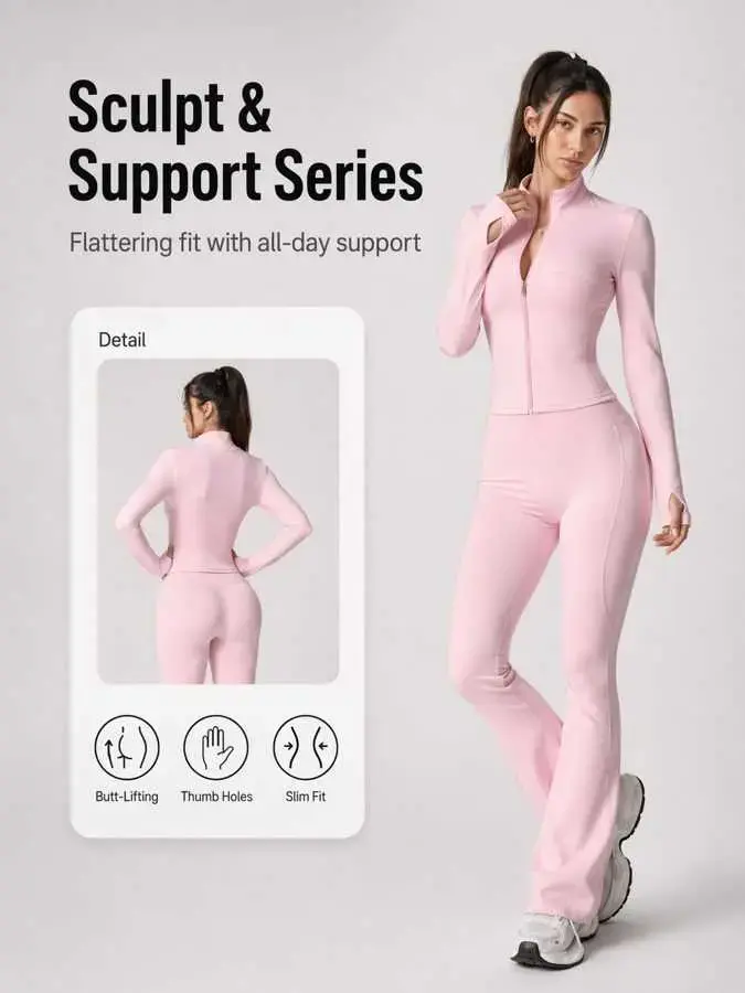 2-Piece Women's Solid Color Long Sleeve Thumb Holes Zip-Up Jacket & Stretchy High-Waisted Butt-Lifting Flare Pants Sports Set, Comfortable Breathable Body Shaping Outfit for Yoga, Gym and Running, Casual Versatile Activewear, Athleisure Tracksuit Outfit