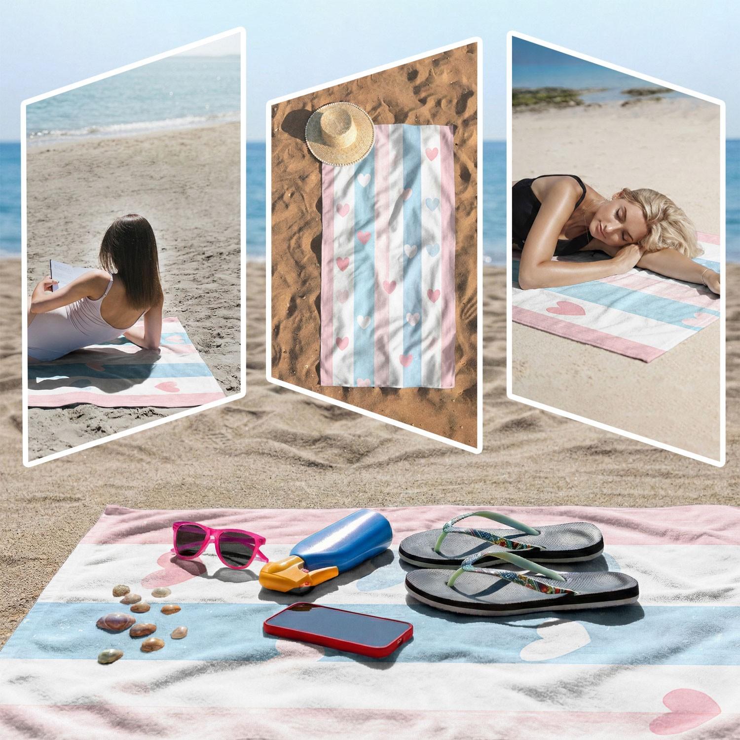 1pc Blue Striped Heart Print Beach Towel, Quick-Dry Sand-Free Ultra-Fine Fiber Bath Towel, Cute Heart Pattern Absorbent Towel